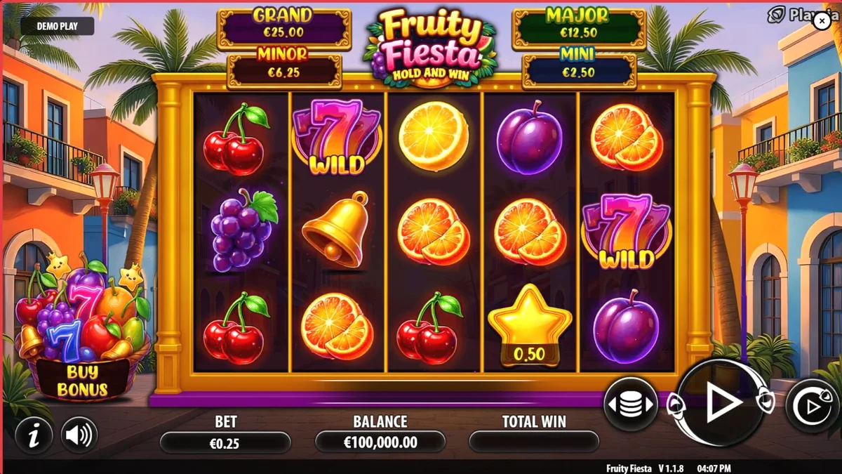 Tampilan visual slot Fruity Fiesta dengan simbol buah neon dan latar belakang karnaval
